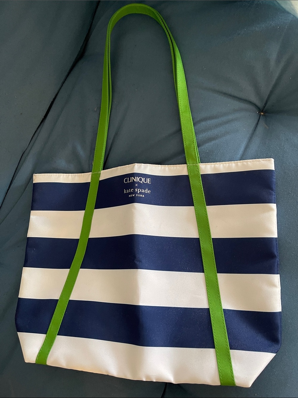 Clinique Navy and White Striped Tote with Lime Green Straps